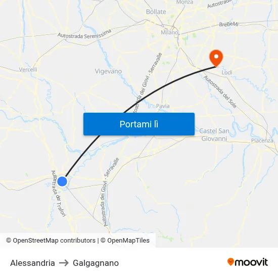 Alessandria to Galgagnano map