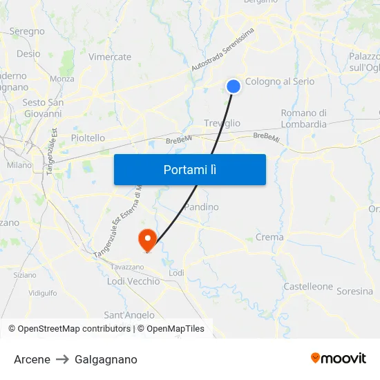 Arcene to Galgagnano map