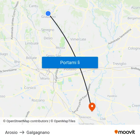 Arosio to Galgagnano map