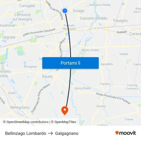 Bellinzago Lombardo to Galgagnano map