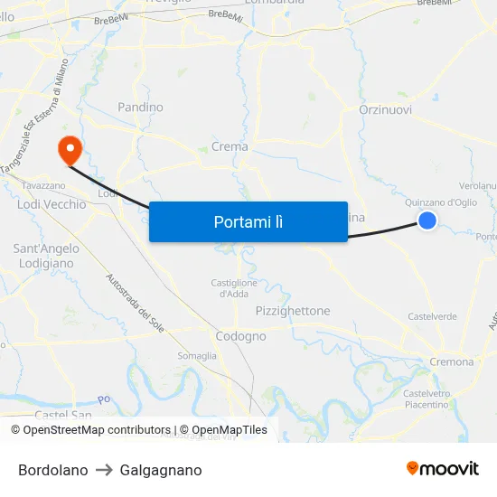 Bordolano to Galgagnano map