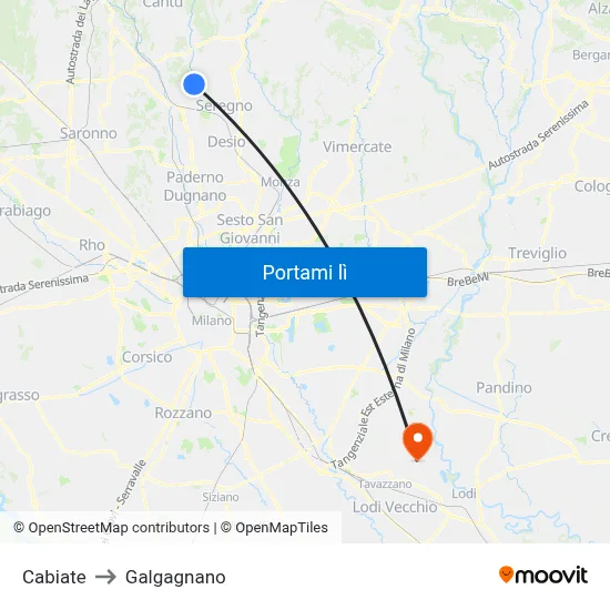 Cabiate to Galgagnano map