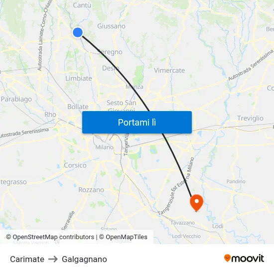 Carimate to Galgagnano map