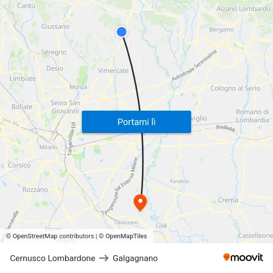 Cernusco Lombardone to Galgagnano map