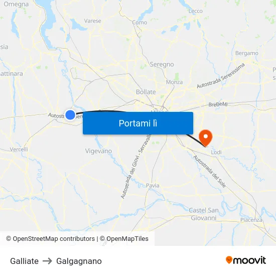 Galliate to Galgagnano map