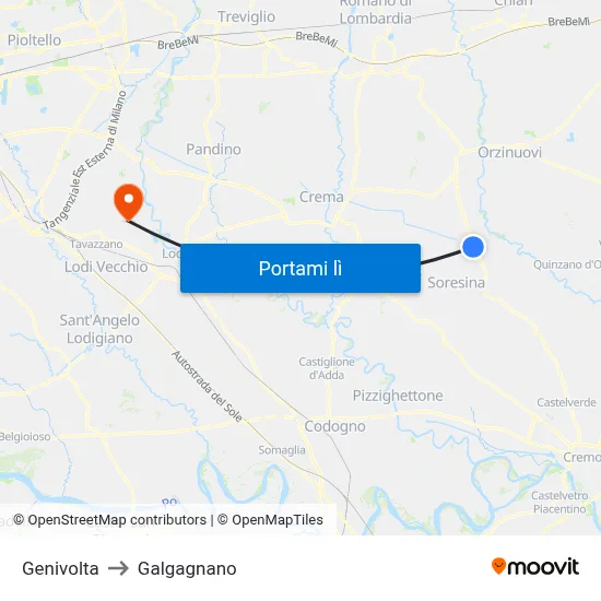 Genivolta to Galgagnano map