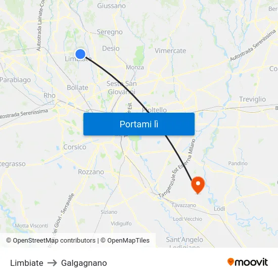 Limbiate to Galgagnano map
