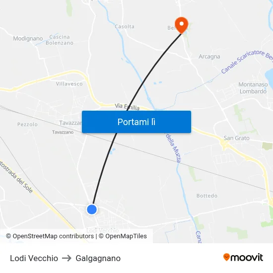 Lodi Vecchio to Galgagnano map