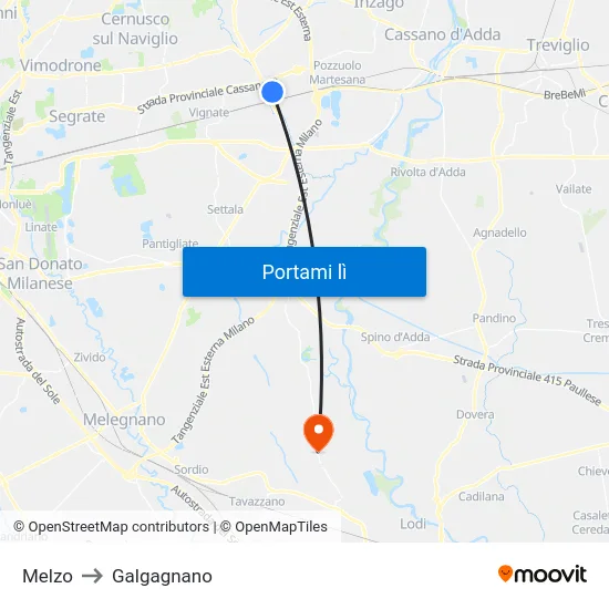 Melzo to Galgagnano map
