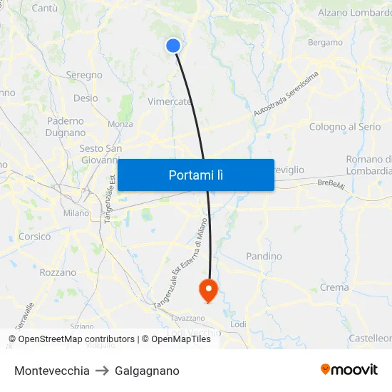 Montevecchia to Galgagnano map