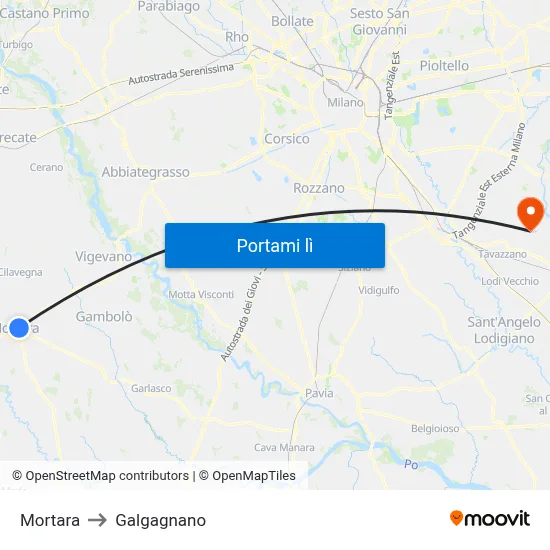 Mortara to Galgagnano map