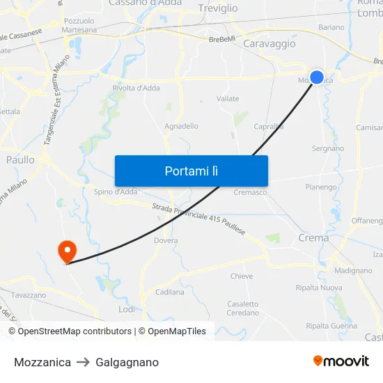 Mozzanica to Galgagnano map