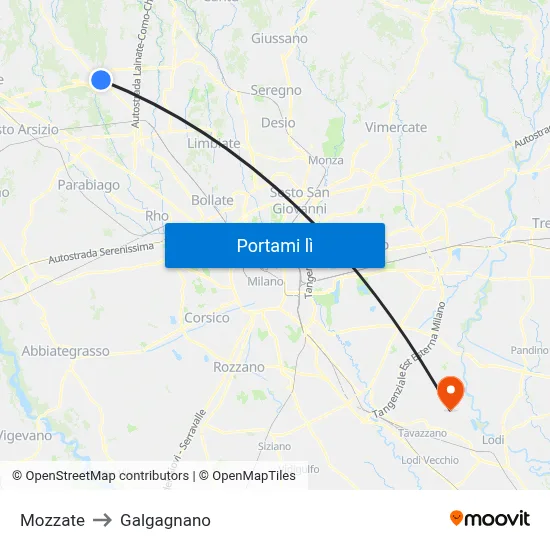 Mozzate to Galgagnano map