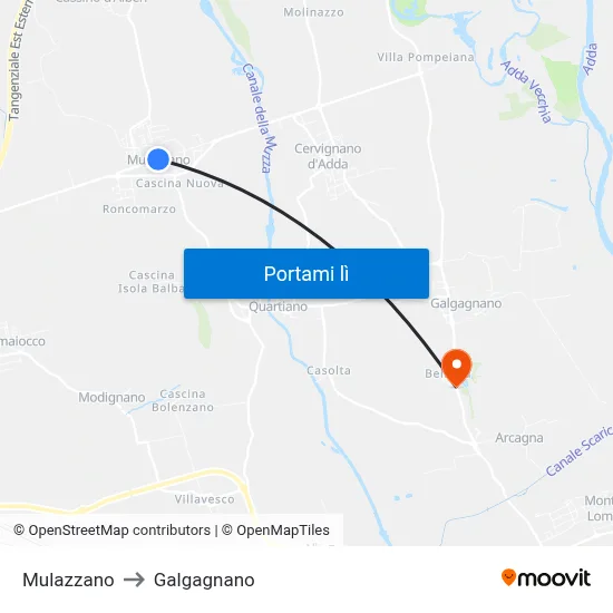 Mulazzano to Galgagnano map