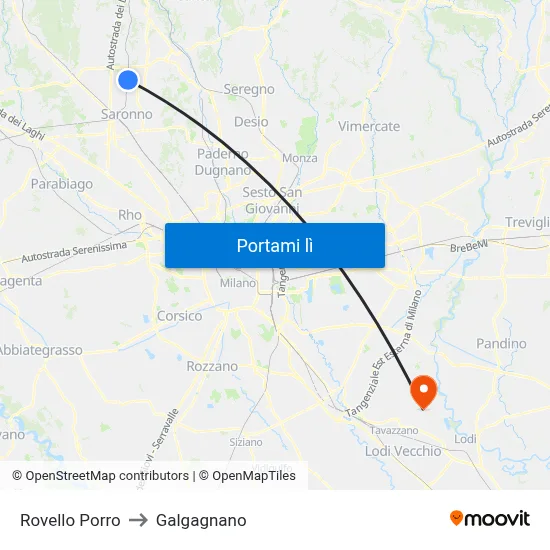 Rovello Porro to Galgagnano map