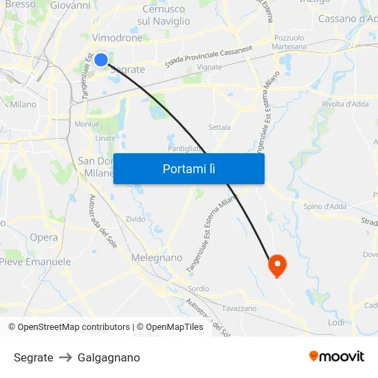 Segrate to Galgagnano map