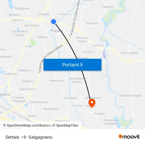 Settala to Galgagnano map