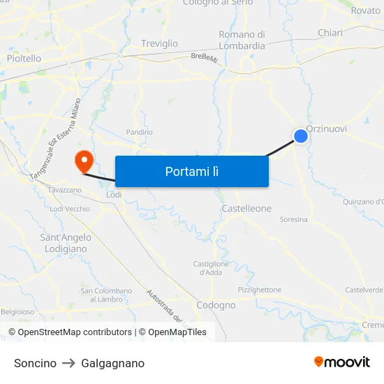 Soncino to Galgagnano map