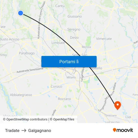 Tradate to Galgagnano map