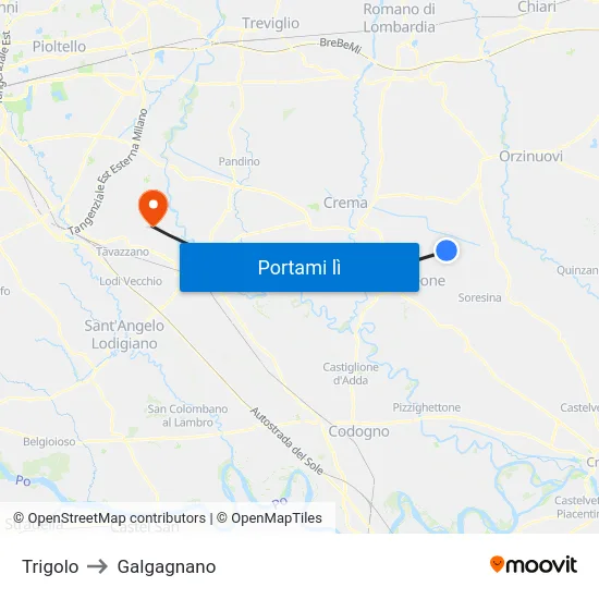 Trigolo to Galgagnano map