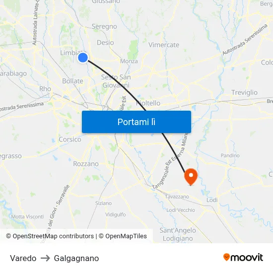 Varedo to Galgagnano map