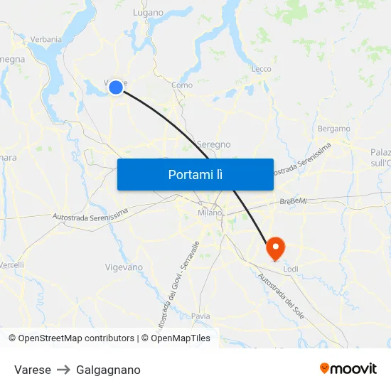 Varese to Galgagnano map