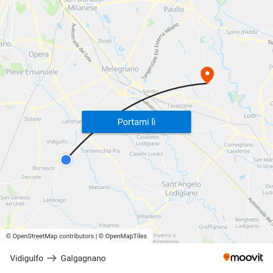 Vidigulfo to Galgagnano map