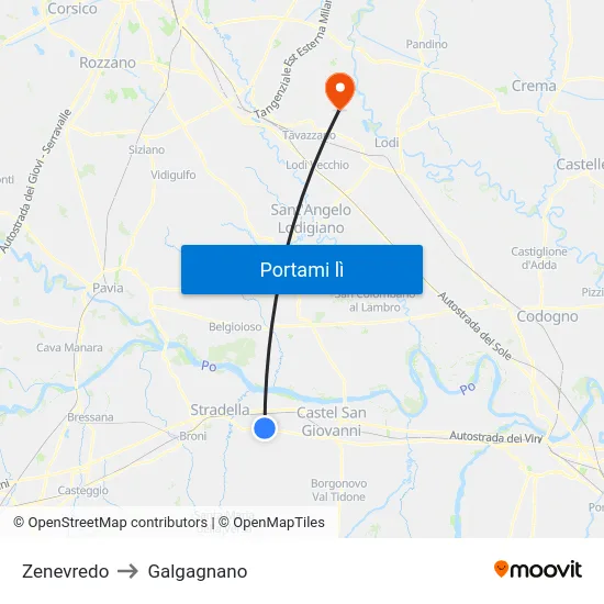 Zenevredo to Galgagnano map