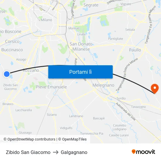 Zibido San Giacomo to Galgagnano map