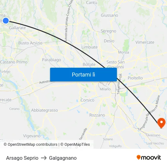 Arsago Seprio to Galgagnano map