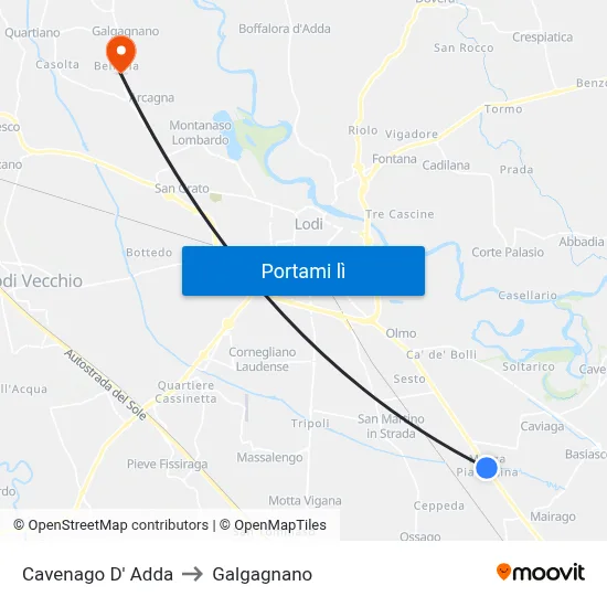 Cavenago D' Adda to Galgagnano map