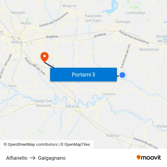 Alfianello to Galgagnano map