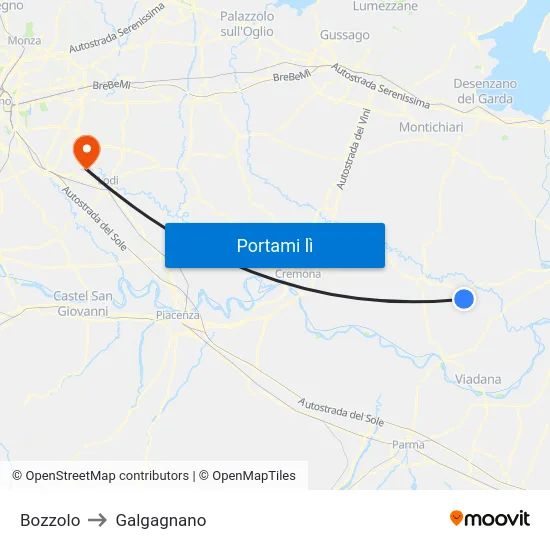 Bozzolo to Galgagnano map