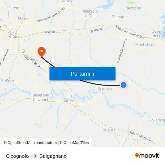 Cicognolo to Galgagnano map
