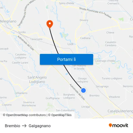 Brembio to Galgagnano map