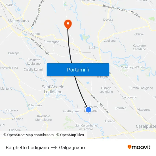 Borghetto Lodigiano to Galgagnano map