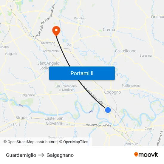 Guardamiglio to Galgagnano map