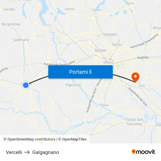 Vercelli to Galgagnano map