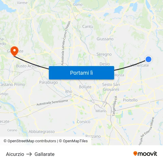 Aicurzio to Gallarate map