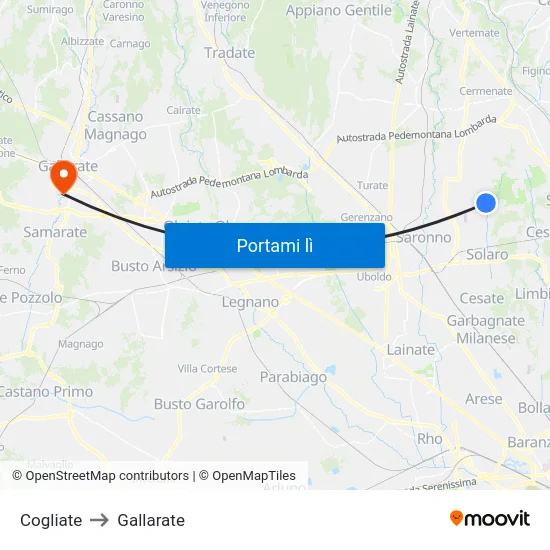 Cogliate to Gallarate map