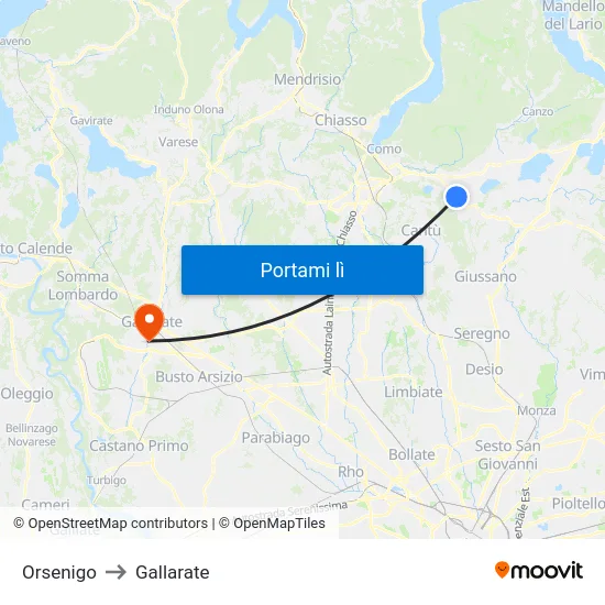 Orsenigo to Gallarate map