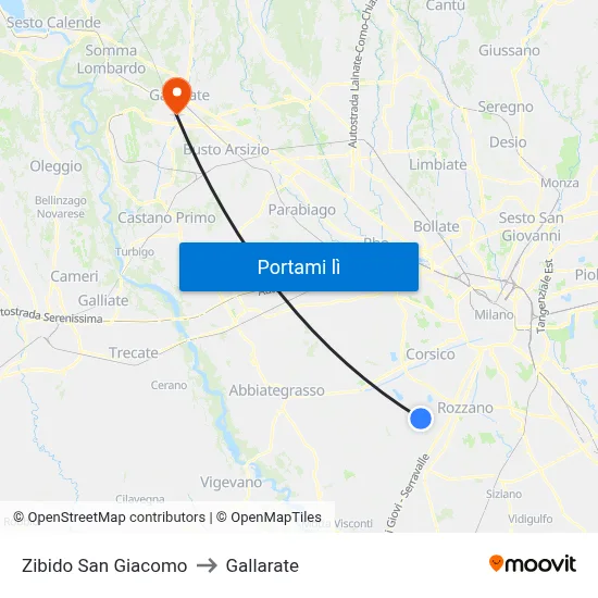 Zibido San Giacomo to Gallarate map