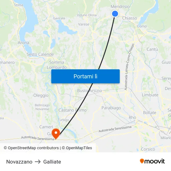 Novazzano to Galliate map