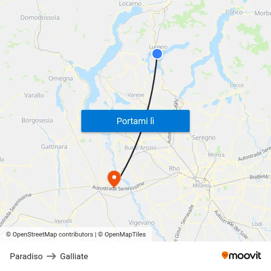Paradiso to Galliate map