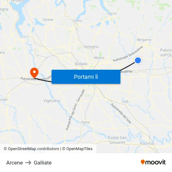 Arcene to Galliate map