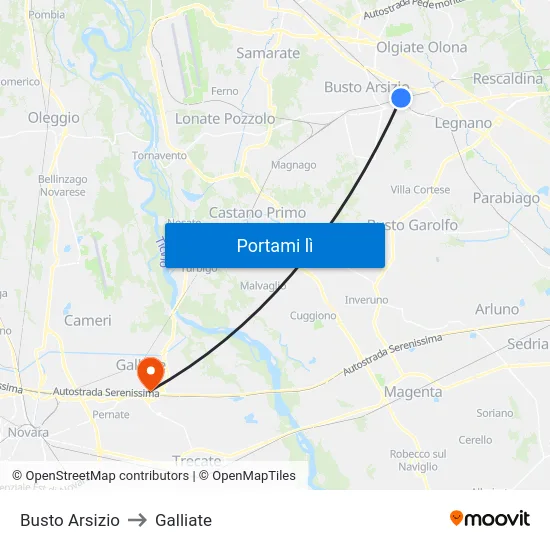 Busto Arsizio to Galliate map