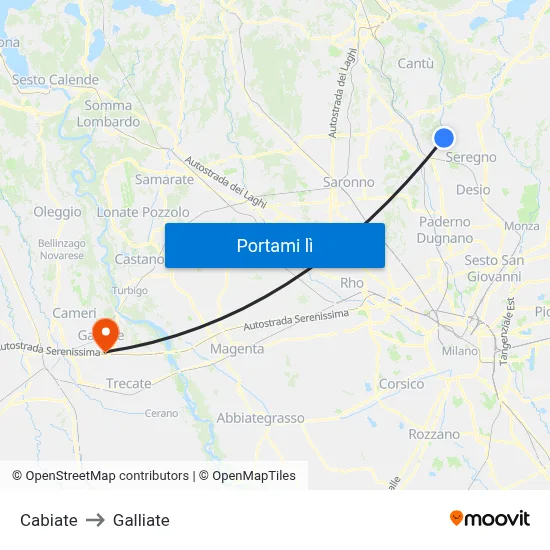 Cabiate to Galliate map