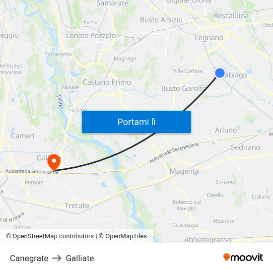 Canegrate to Galliate map