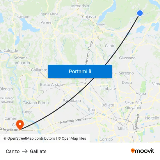 Canzo to Galliate map