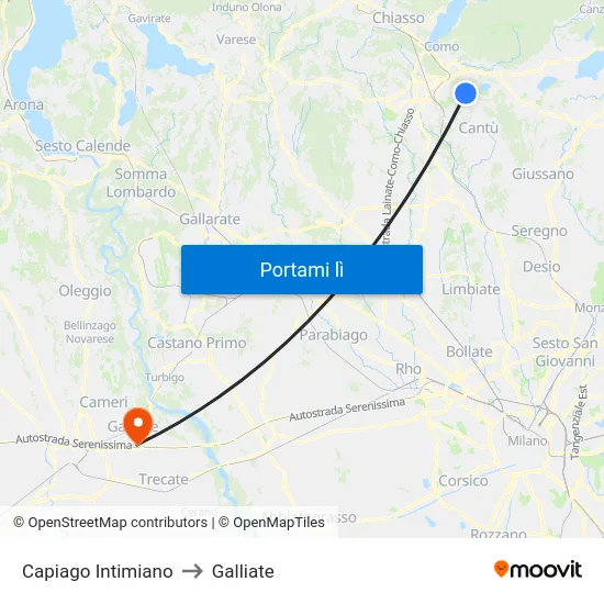Capiago Intimiano to Galliate map